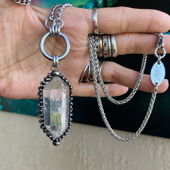 Natural Crystal quartz black electroplated boho goth stainless steel necklace - Picture 8 of 15